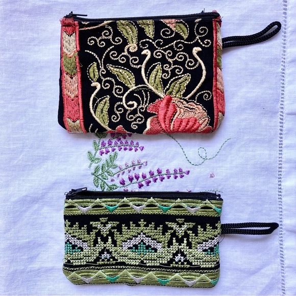 2 boho embroidered ethnic Asian zippered pouches mini bags coin purse wallet NEW - Picture 1 of 5